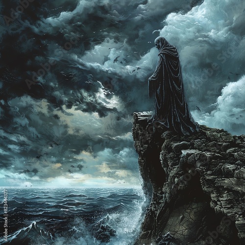 Grim Reaper standing on a cliff with waves crashing below.