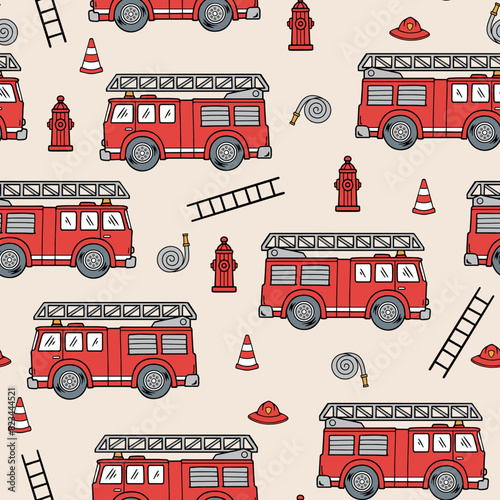 Fire truck seamless pattern. Boys' seamless pattern. Seamless file for sublimation.