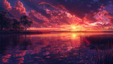 Beautiful sunset over the lake, with vibrant red and purple sky and dramatic clouds. Reflections on the water surface, detailed illustration in the style of fantasy art,  Generative AI