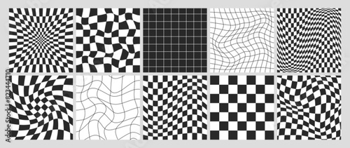 Square psychedelic checkerboard with warped black and white grid tile. Checkered seamless geometric pattern in retro y2k style. Distorted chessboard background with distortion effect, optical illusion