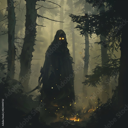 Grim Reaper standing in a dark forest with glowing eyes. photo