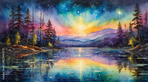 Lake in a forest at twilight with starry sky, watercolor painting style, generative AI.
