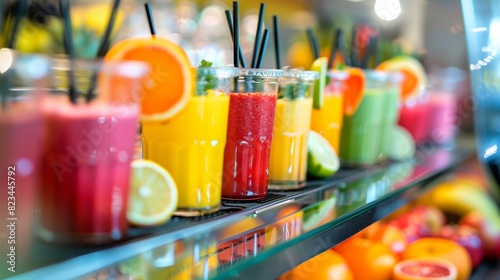 Health resort fresh juice bar, close-up of colorful smoothies, vibrant and fresh.