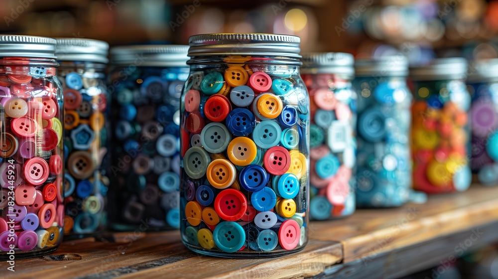Colorful Button Jars on Wooden Shelf - ai generative Colorful Button Jars on Wooden Shelf - ai generative