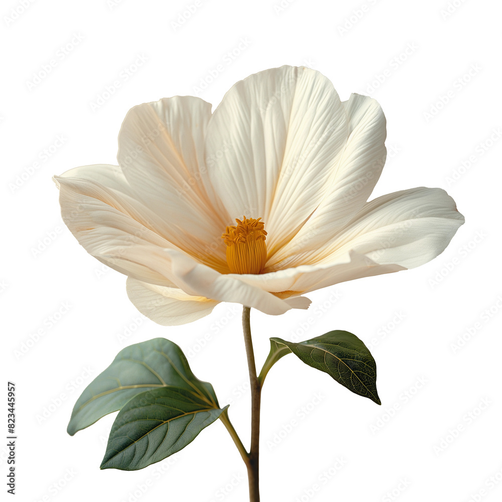 Fototapeta premium A white flower with a green stem and leaf. The flower is the main focus of the image