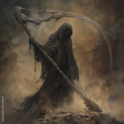 Grim Reaper holding an ancient, cracked scythe.