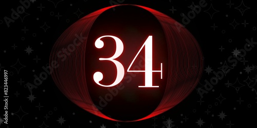 Number 34. Banner with the number thirty four on a black background and white stars with a circle red in the middle photo