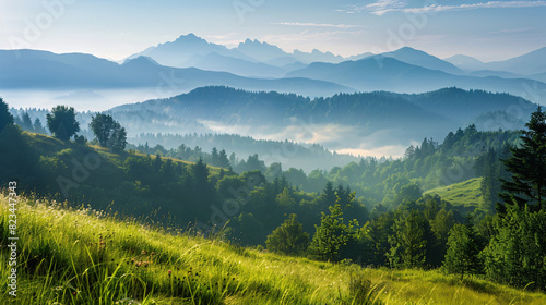 Majestic mountain vista. Breathtaking morning view of misty mountains and lush green valleys, a serene and picturesque landscape.