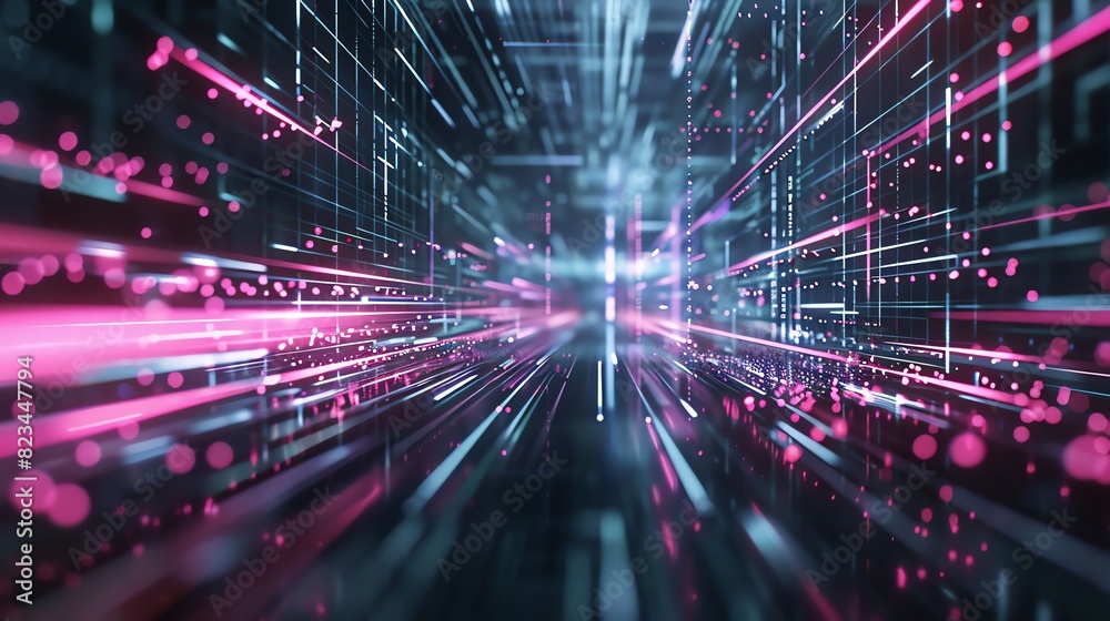 Slick, glossy black surfaces intersected by glowing Navy Blue and Coral neon lines, conveying a highspeed data network in motion Slick, glossy black surfaces intersected by glowing Navy Blue and Coral neon lines, conveying a highspeed data network in motion