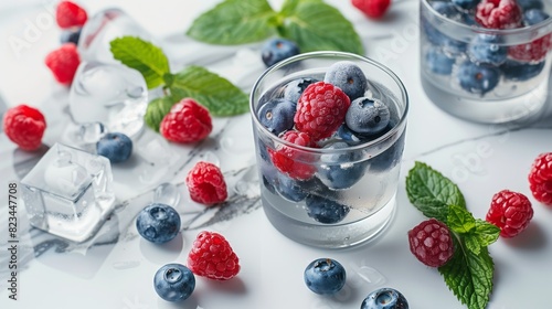 two glasses filled with blueberries and raspberries next to mint leaves and ice cubes on a marble surface.