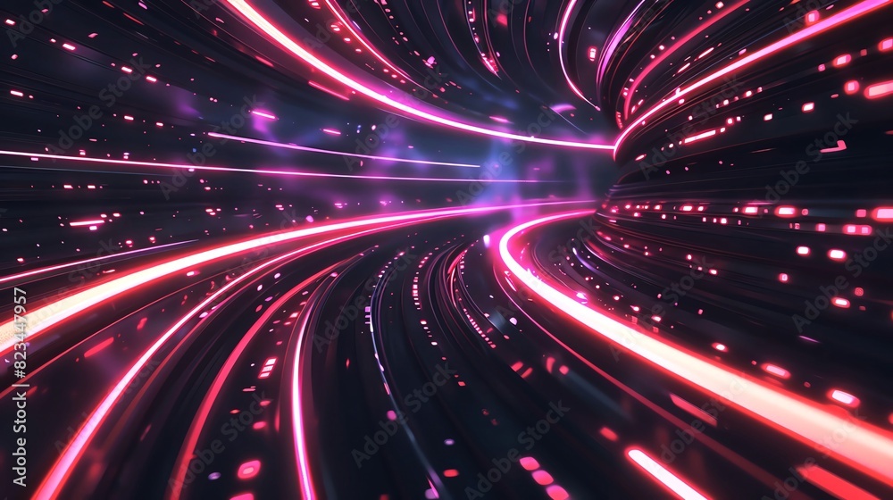 Slick, glossy black surfaces intersected by glowing Navy Blue and Coral neon lines, conveying a highspeed data network in motion Slick, glossy black surfaces intersected by glowing Navy Blue and Coral neon lines, conveying a highspeed data network in motion