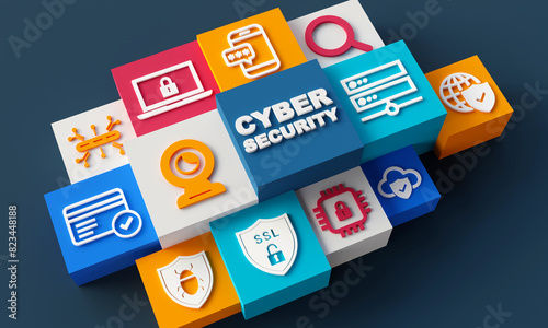 Cyber Security icons on dark background. 3D Rendering photo