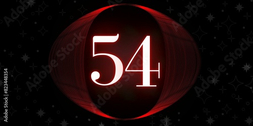 Number 54. Banner with the number fifty four on a black background and white stars with a circle red in the middle photo