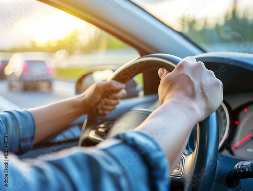 hands of car driver on steering wheel, road trip, driving on highway road