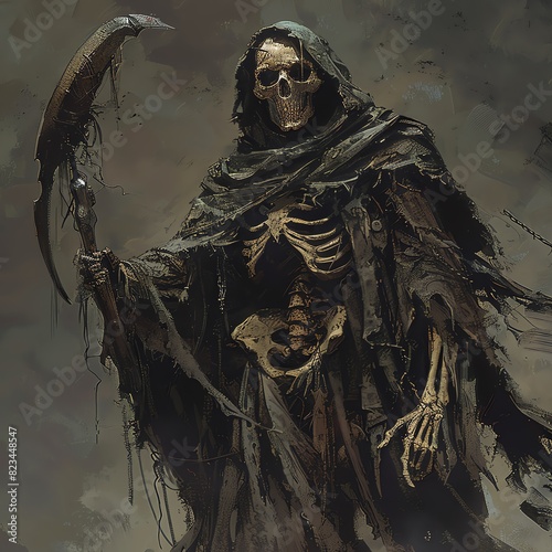 Grim Reaper with a skeletal grin and tattered cloak. photo