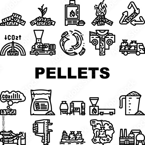 wood pellets eco energy icons set vector. ecological environment, falling, fire firewood, flaming flowing, fossil fuel granule wood pellets eco energy black contour illustrations