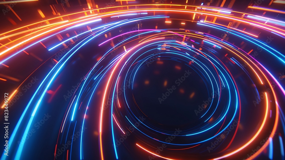 Slick, glossy black surfaces intersected by glowing Navy Blue and Coral neon lines, conveying a highspeed data network in motion Slick, glossy black surfaces intersected by glowing Navy Blue and Coral neon lines, conveying a highspeed data network in motion