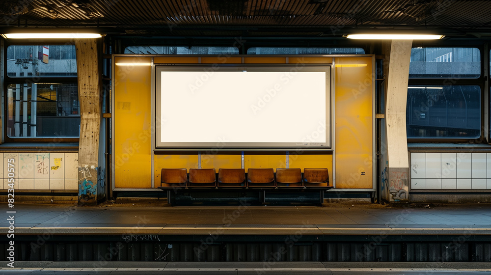 A blank empty canvas poster screen board hanging on a wall at a railway station.