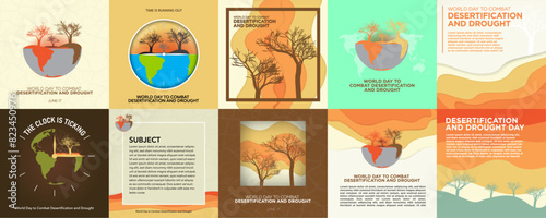 10 World Day to Combat Desertification and Drought Greeting cards and template set. June 17. Square with copy space. Illustration of barren lands, trees with no leaves, desertification clock. Vector