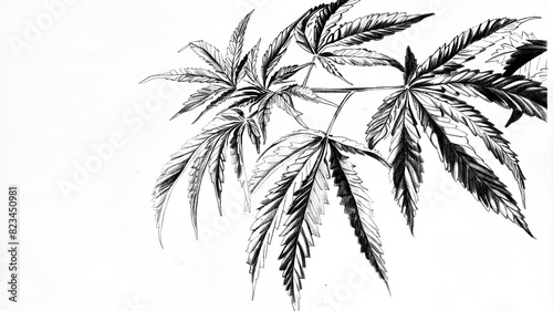 Highlydetailed monochrome pencil sketch of cannabis sativa leaves with delicate shading on a white backdrop