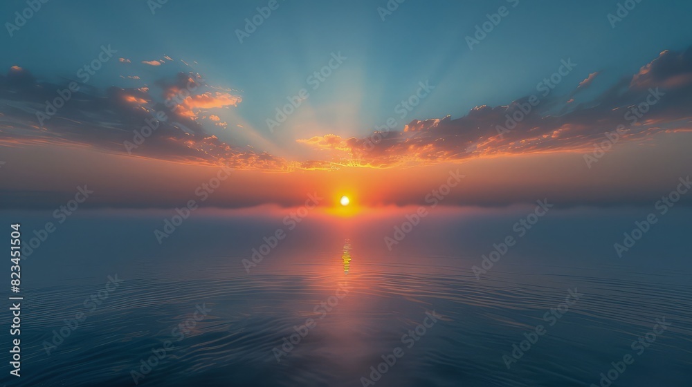 An awe-inspiring scene of the sun rising over a vast, open sea, viewed from a high cliff. An awe-inspiring scene of the sun rising over a vast, open sea, viewed from a high cliff.