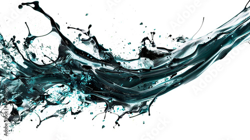Dynamic black ink splashes in highcontrast composition, showcasing movement and artistic expression against a white background photo