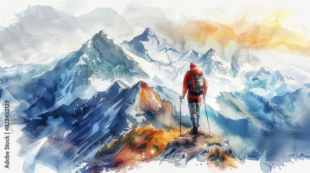 Watercolor illustration of a hiker in red jacket standing on a mountain peak with stunning snow-capped mountains and clouds in the background.
