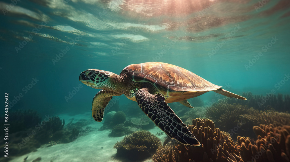 Obraz premium Chelonia mydas - Sea turtle swimming in the ocean with sun light on the surface. Beautiful panorama view of underwater.