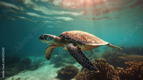 Chelonia mydas - Sea turtle swimming in the ocean with sun light on the surface. Beautiful panorama view of underwater.