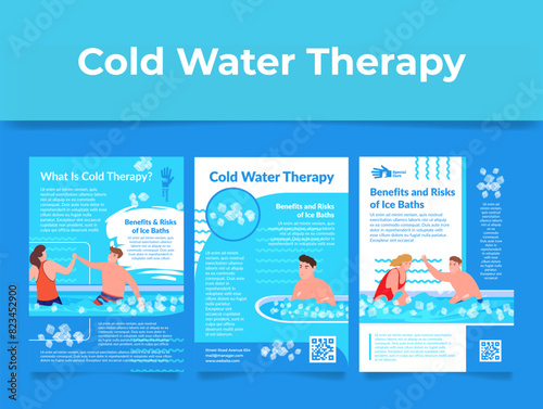 Cold water therapy ice bath benefits and risks poster set design template vector isometric