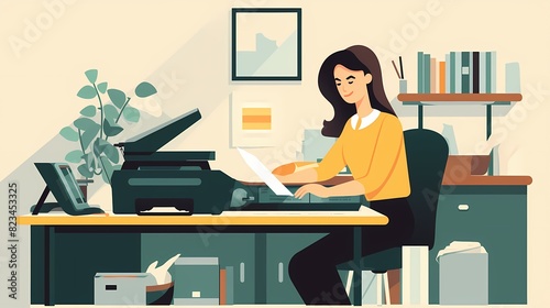 **An office girl using a document scanner, digitizing paperwork for a paperless office