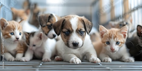 A group of puppies and kittens play together in a pet store window. Concept Pets, Playful, Adorable, Animals, Pet Store photo