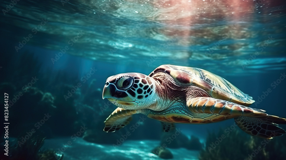 Fototapeta premium Chelonia mydas - Sea turtle swimming in the ocean with sun light on the surface. Beautiful panorama view of underwater.