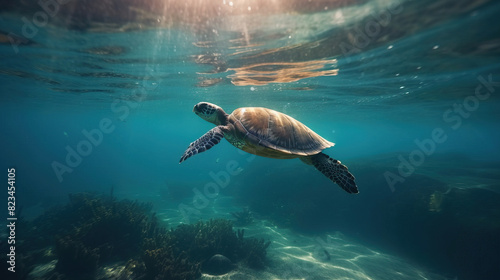 Chelonia mydas - Sea turtle swimming in the ocean with sun light on the surface. Beautiful panorama view of underwater. © Nilla