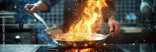 Cooking Food in a Flaming Wok in an Outdoors Kitchen. Person using the flame technique, igniting hot oil and alcohol in a pan. Super Slow Motion. photo