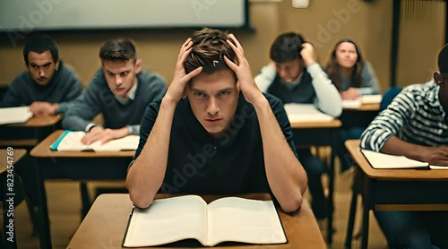 Überforderter Schüler sitzt im Klassenzimmer und hält sich den Kopf photo