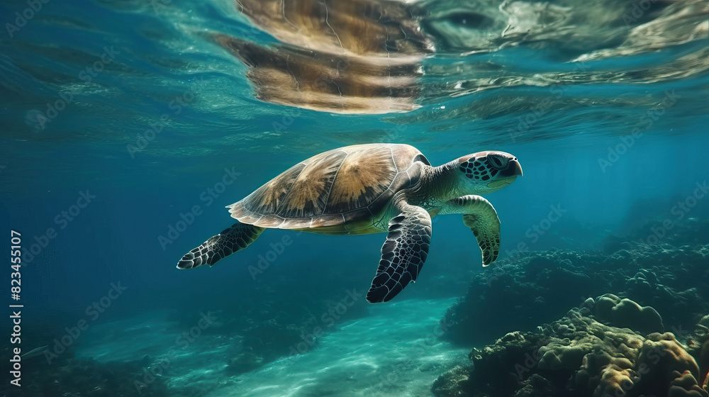 Fototapeta premium Chelonia mydas - Sea turtle swimming in the ocean with sun light on the surface. Beautiful panorama view of underwater.
