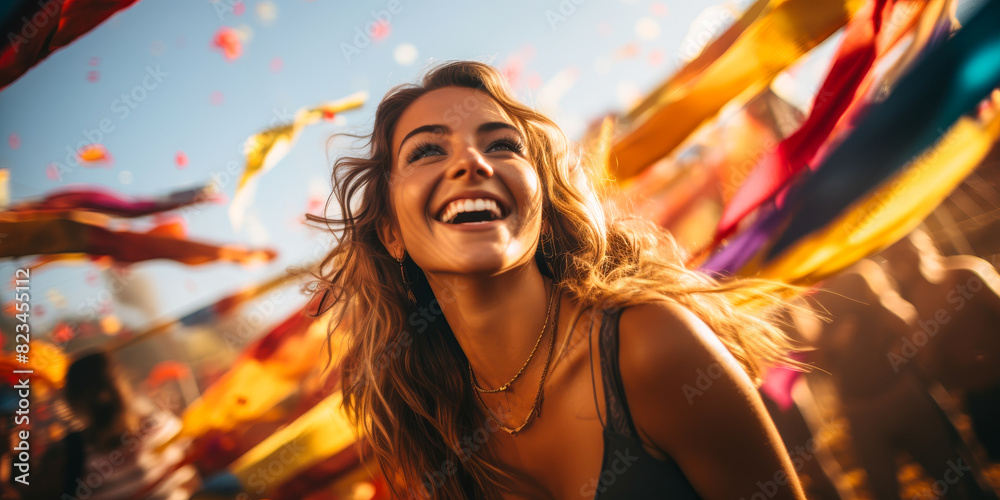 Obraz premium Joyful Young Woman Enjoying Colorful Music Festival, Vibrant Outdoor Scene with Confetti, Sunset Laughter and Happiness Captured