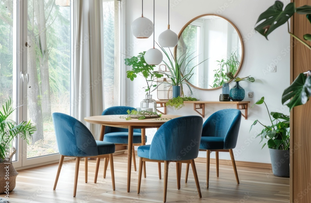 A modern dining room with a round wooden table, four blue chairs and an open shelf on the wall