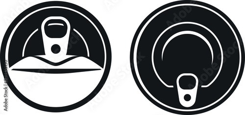Open and closed tin can circle pack with opener top view set black minimalist icon vector flat