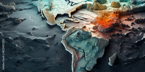 Stylized Topographic Render of South America Featuring Dramatic Terrain Elevation and Textured Landscapes  Ideal for Geographic Illustrations and Educational Use