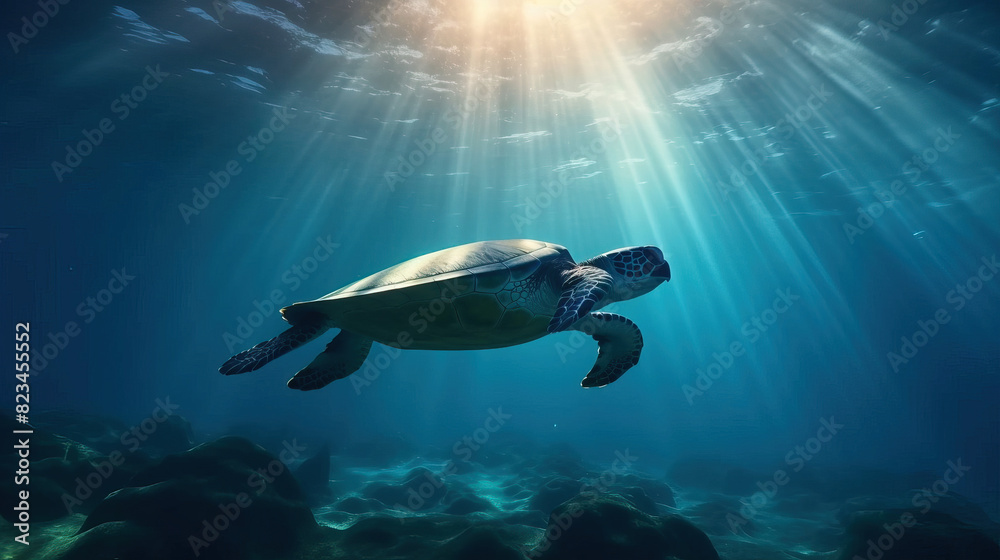 Chelonia mydas - Sea turtle swimming in the ocean with sun light on the surface. Beautiful panorama view of underwater. Chelonia mydas - Sea turtle swimming in the ocean with sun light on the surface. Beautiful panorama view of underwater.