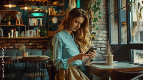 Woman Texting in Cozy Cafe