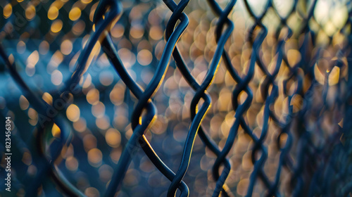 Chain link fence bokeh background. Abstract image of chain link fence with golden bokeh lights in background, perfect for website banner or print background.
