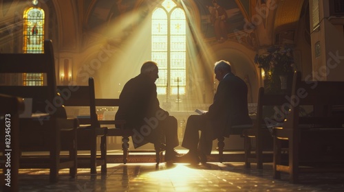In the Church, a Priest and Pope converse about faith, reverence, and hope, sharing gospel teachings about Jesus Christ and discussing the holy book. photo