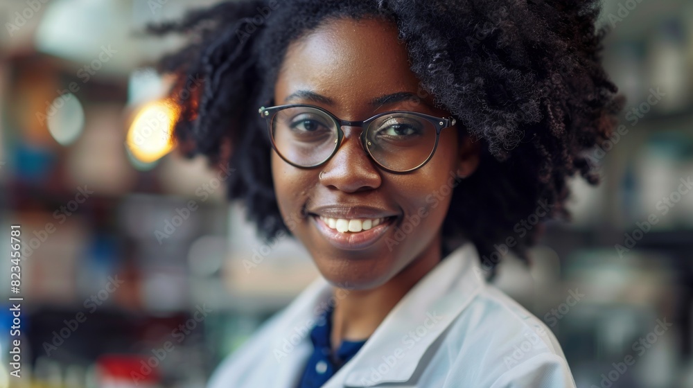 Young Black Female Engineer with Lab Coat and Glasses Smiling as sheWorks as an Engineer, Developing High Technology Projects. Young Black Female Engineer with Lab Coat and Glasses Smiling as sheWorks as an Engineer, Developing High Technology Projects.