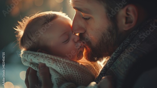 An act of love between a father and a new born baby. A father new to fatherhood gives kisses and caresses his child. photo