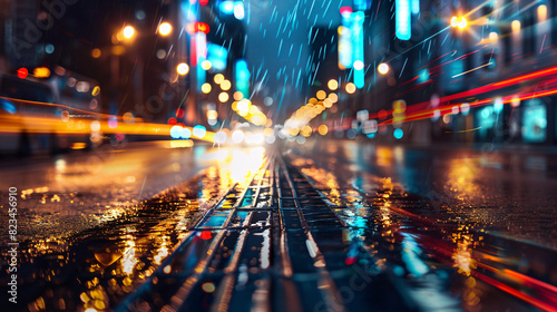 Rainy city night with light trails. Wet city street at night with glowing lights, reflections, and light trails from passing cars.