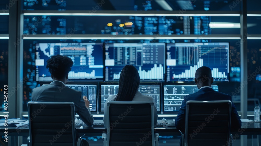 Wide Zoom Out Back Shot Of Male And Female Risk Managers Analyzing Data On Digital Screen In Monitoring Room. Multiethnic Employees Working On Computers For Successful Consulting Firm. Wide Zoom Out Back Shot Of Male And Female Risk Managers Analyzing Data On Digital Screen In Monitoring Room. Multiethnic Employees Working On Computers For Successful Consulting Firm.