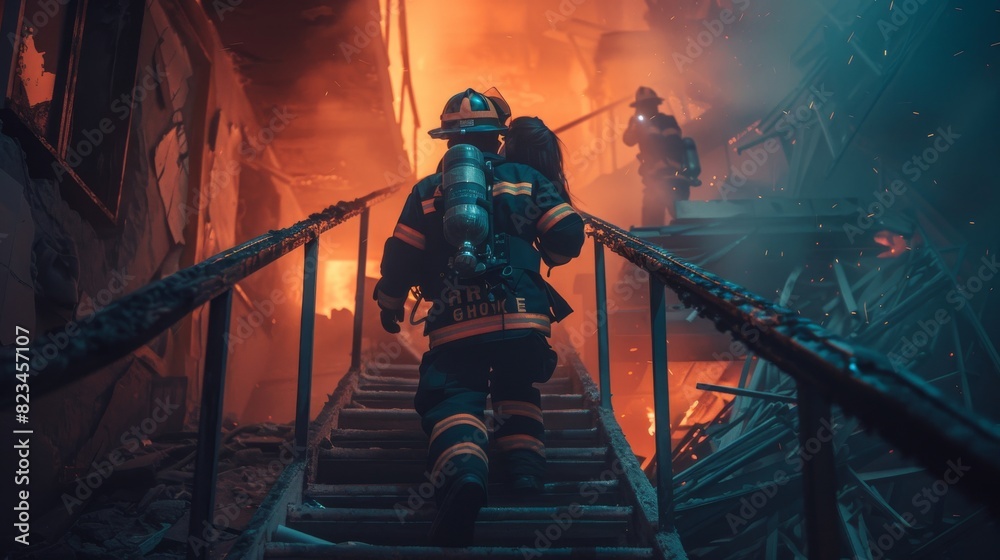 Fireman descends the stairs of a burning building to save a girl. Open fire is visible and one firefighter stands in the background. Fireman descends the stairs of a burning building to save a girl. Open fire is visible and one firefighter stands in the background.